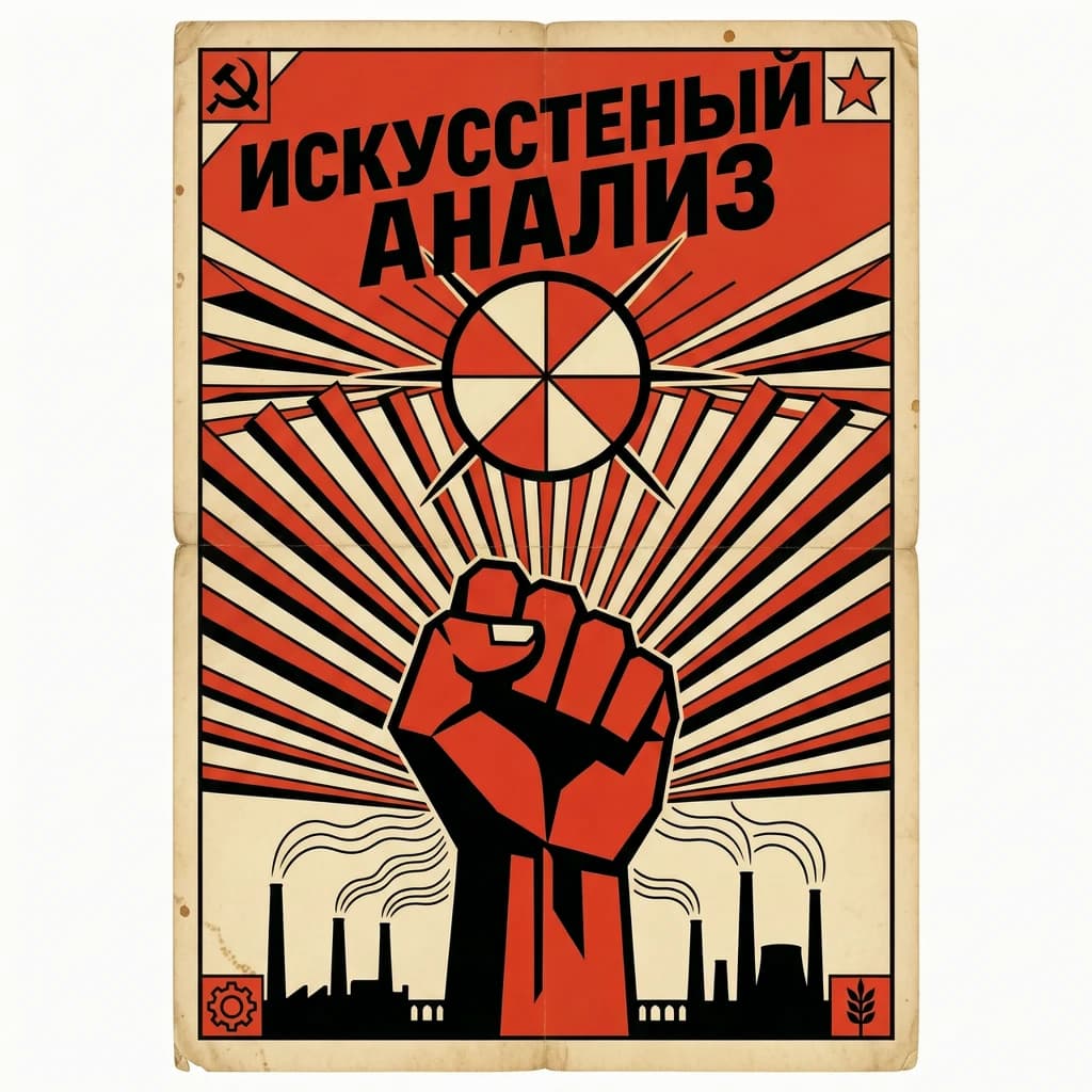 A propaganda poster in stark red, black, and beige. A clenched fist rises in the foreground, rendered with sharp geometric blocks. Behind it, radiating lines stretch upward toward a stylized sun. At the top, bold sans-serif lettering in Cyrillic-inspired type spells out Artificial Analysis, tilted at an angle for emphasis. A factory skyline silhouettes the bottom edge, smoke stacks rising into the background. The texture is rough, printed on aged paper with visible creases and ink bleed. Designed in the constructivist Soviet poster style.