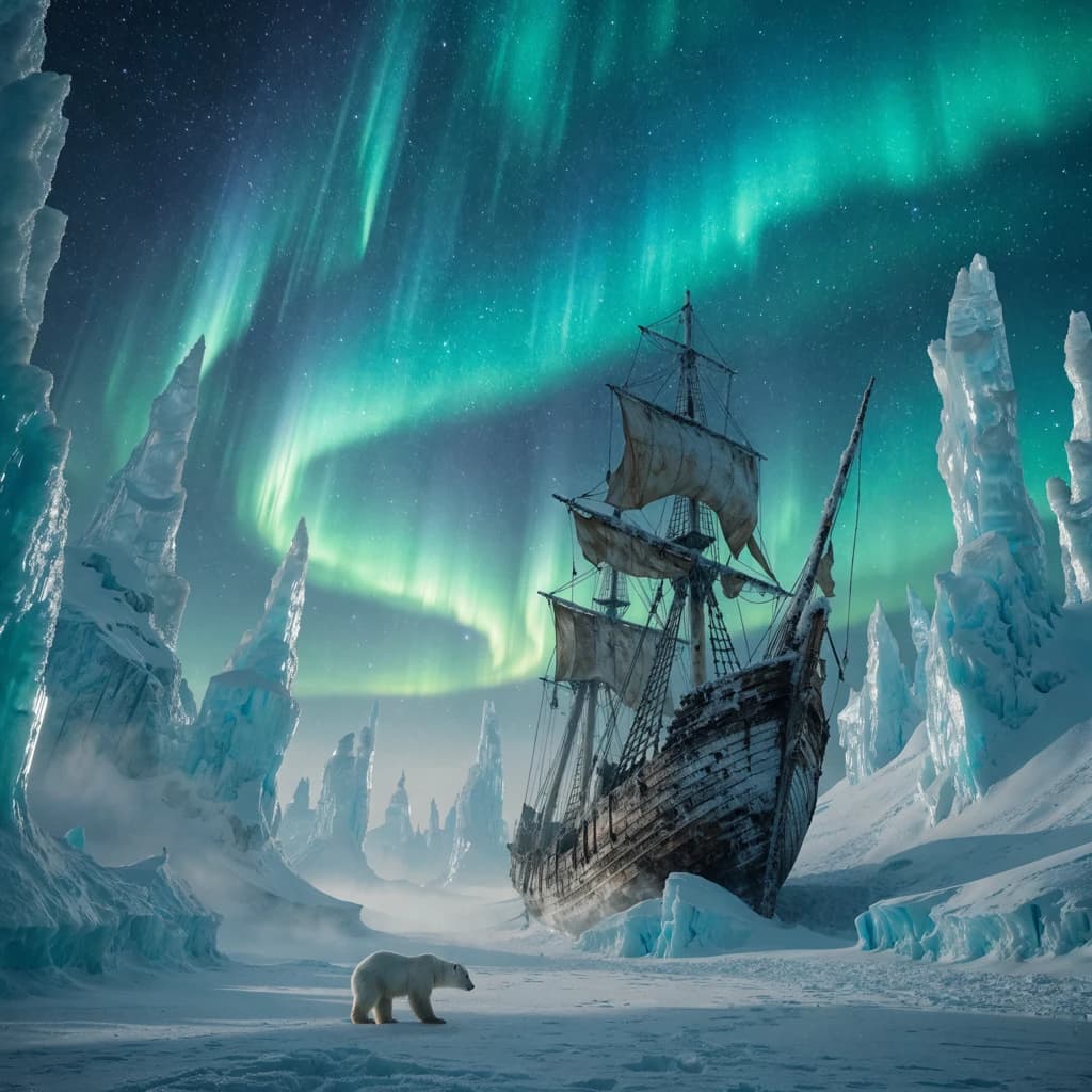 An endless tundra stretches outward, littered with jagged icebergs shaped like cathedral spires. A polar bear trudges across the foreground but leaves no tracks. Auroras ripple overhead. A half-buried shipwreck juts from the snow — sails billowing despite the still air.