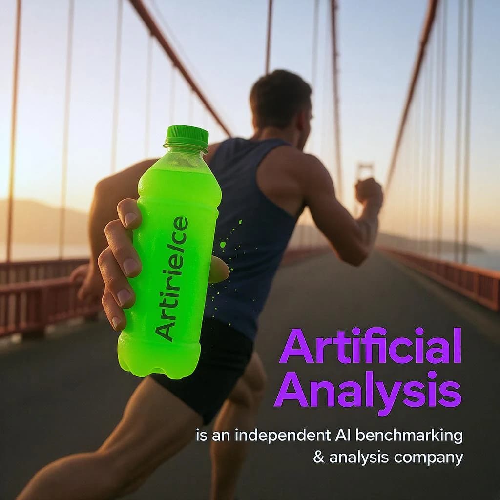 A runner dashes across the Golden Gate Bridge at dawn, sunlight streaming between cables. In their hand, they carry a neon-green sports drink with the brand name Artificial Analysis splashed boldly across the bottle. Motion blur emphasizes speed, while crisp purple sans serif typography overlays the bottom right of the scene with the tagline: Artificial Analysis is an independent AI benchmarking & analysis company