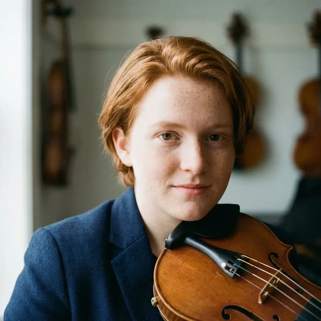 Capture a head-and-shoulders portrait of a freckled red-haired violinist in a navy blazer, soft window light, 85mm at f/1.8, gently smiling yet serious eyes, muted tones.