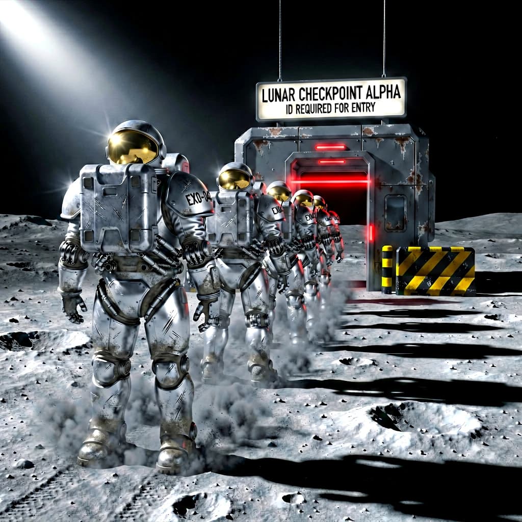 Silver exosuits queue at a dusty lunar checkpoint.
