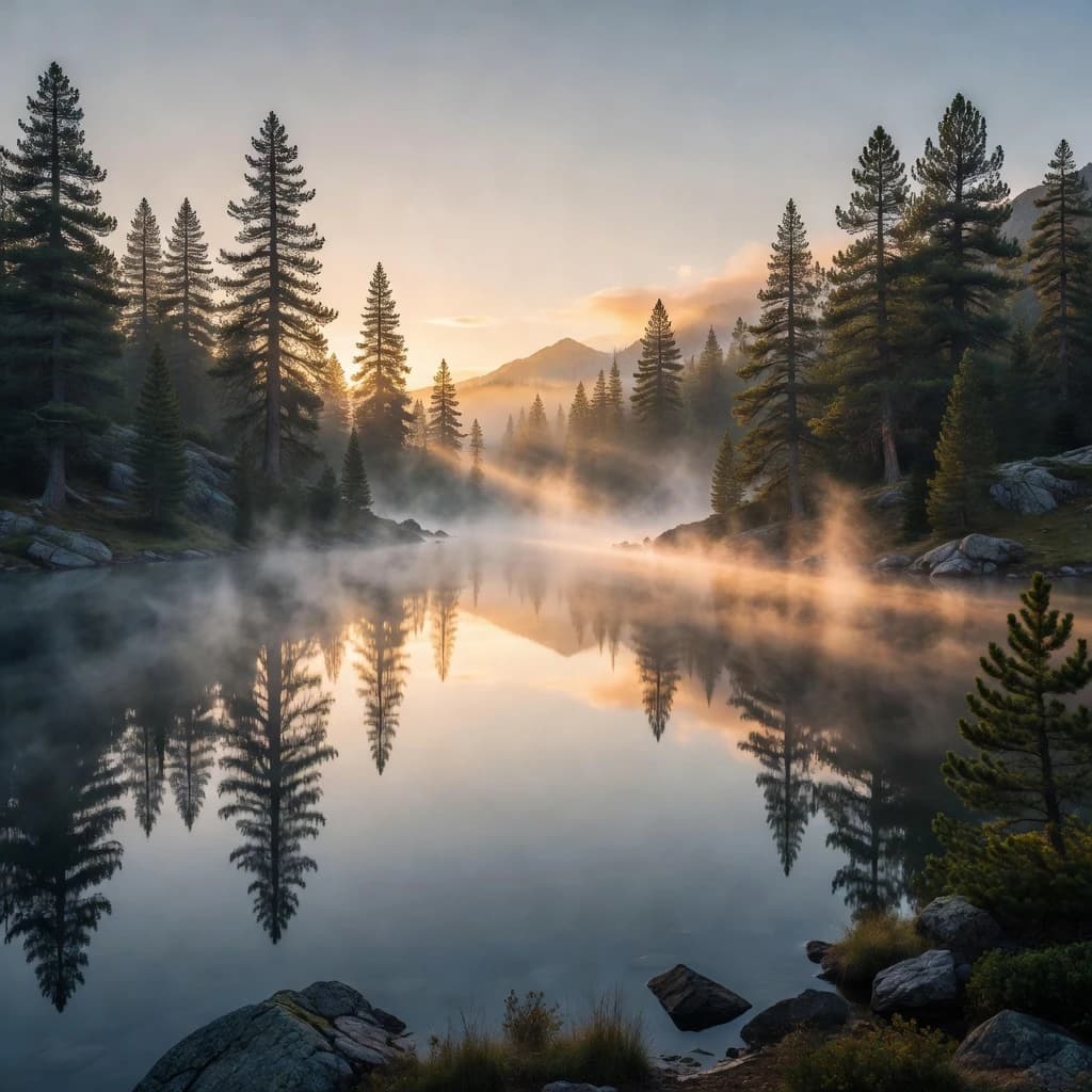 I want a photo of a misty alpine lake at dawn, pines, glassy water, warm light.