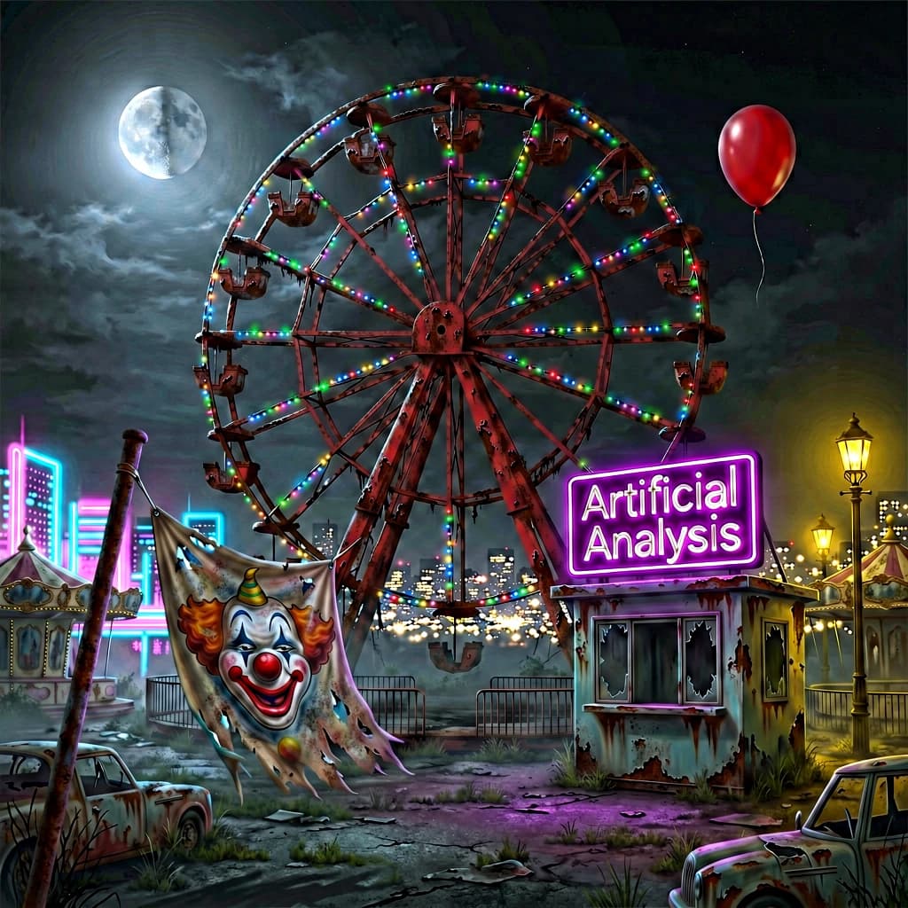 A deserted amusement park glows faintly under a half-moon. The ferris wheel is rusting yet strung with fresh, blinking LED lights. A torn clown banner flaps in a windless air. A lone balloon floats upward, tethered to nothing, while in the far distance city lights flicker on - some neon, some gas lamps as though from another century. 'Artificial Analysis' glows in neon