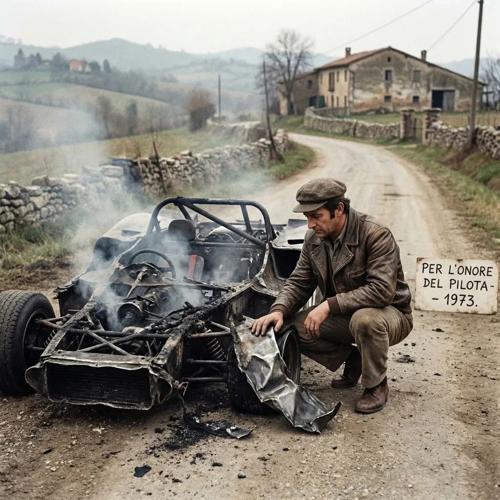 Mario examines the still smouldering wreck of the crash that took his best driver on the side of the country road. He designed this car and caused this. 3 days have passed since the crash. It's 1973 in Northern Italy.