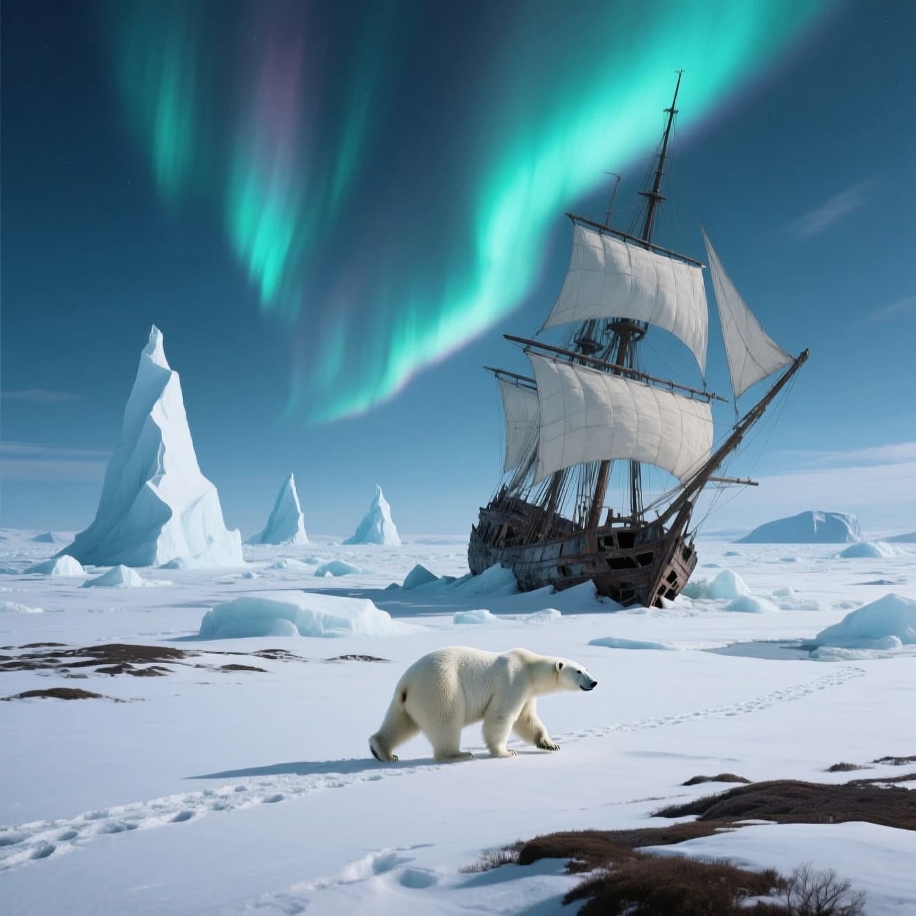 An endless tundra stretches outward, littered with jagged icebergs shaped like cathedral spires. A polar bear trudges across the foreground but leaves no tracks. Auroras ripple overhead. A half-buried shipwreck juts from the snow — sails billowing despite the still air.
