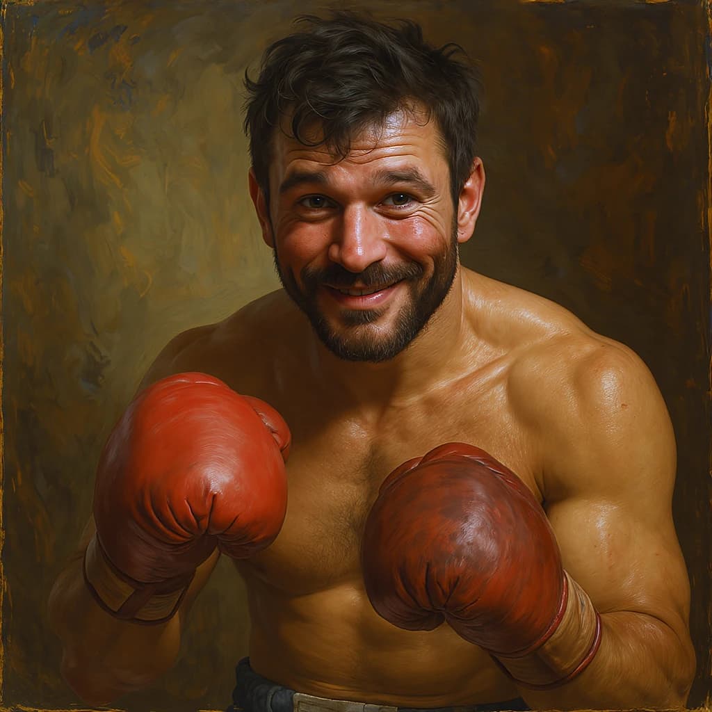 Paint a bruised boxer smiling, serious expression.