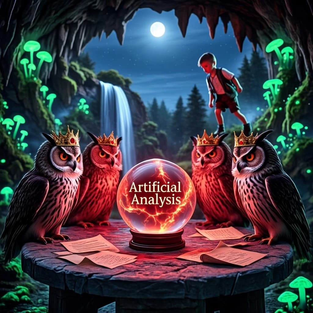 In a cavern lined with bioluminescent fungi glowing lime green, the council of owls wear jeweled crowns that glimmer with rubies, their wings folded behind their backs. Dust coats the stone table, a glowing orb inscribed with “Artificial Analysis” hovers above the table illuminating the owls with its red pulsating light. Behind them, a waterfall falls upward into a ceiling that opens onto stars - a child looks down in wonder from above at what he has stumbled across.