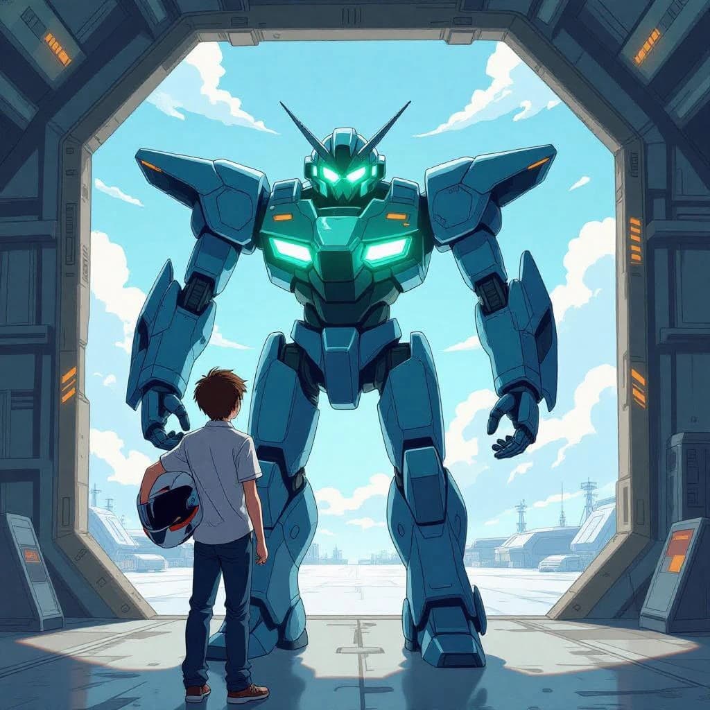 A teenage pilot grips his helmet under one arm, standing at the edge of a glowing hangar bay. Before him looms a sleek, steel-blue mech, its eyes lit with a cold electric glare. His school uniform is rumpled, a sharp contrast to the machine’s flawless plating. The vast scale engulfs him in shadow, emphasizing both awe and dread. Hand-drawn anime style.