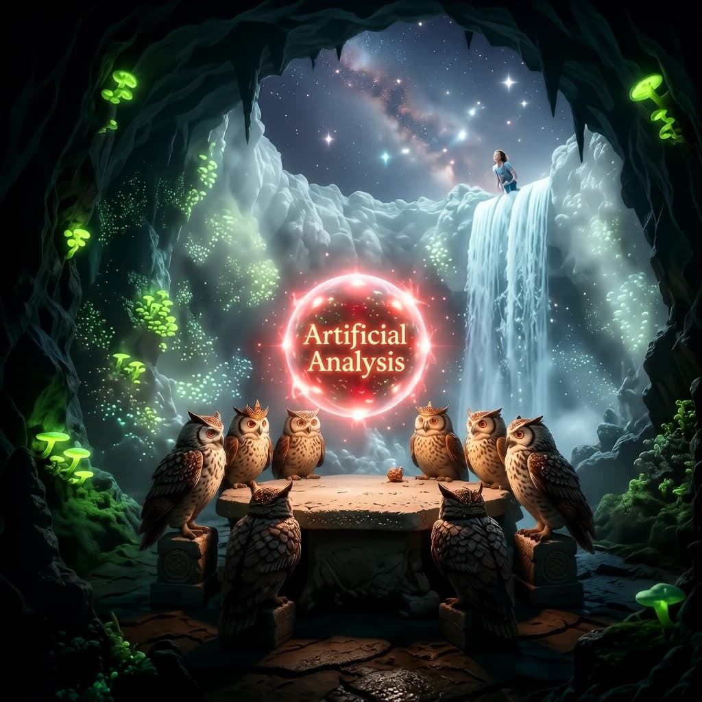 In a cavern lined with bioluminescent fungi glowing lime green, the council of owls wear jeweled crowns that glimmer with rubies, their wings folded behind their backs. Dust coats the stone table, a glowing orb inscribed with “Artificial Analysis” hovers above the table illuminating the owls with its red pulsating light. Behind them, a waterfall falls upward into a ceiling that opens onto stars - a child looks down in wonder from above at what he has stumbled across.