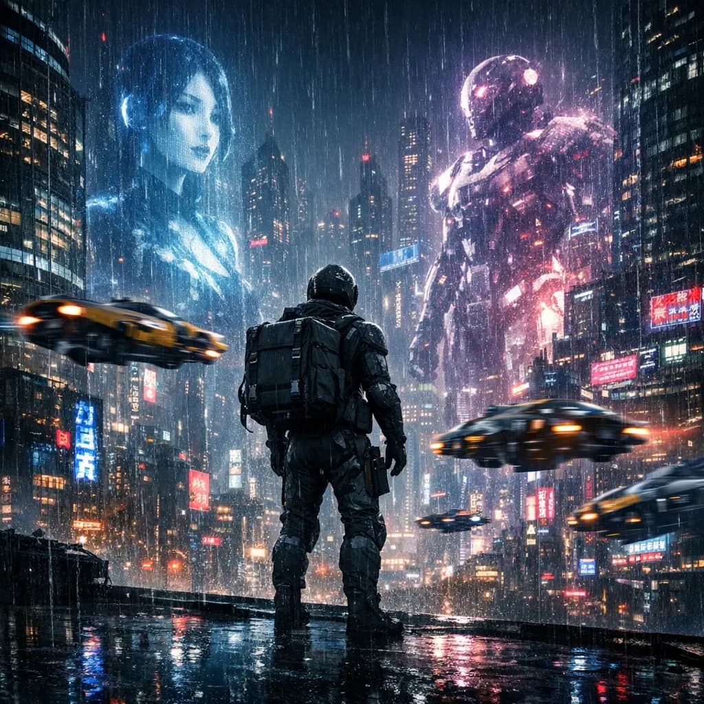 Rain-soaked neon megacity at night, flying taxis weave between glass towers, giant holograms flicker; a lone courier in a matte exosuit, somewhat cinematic wide angle.