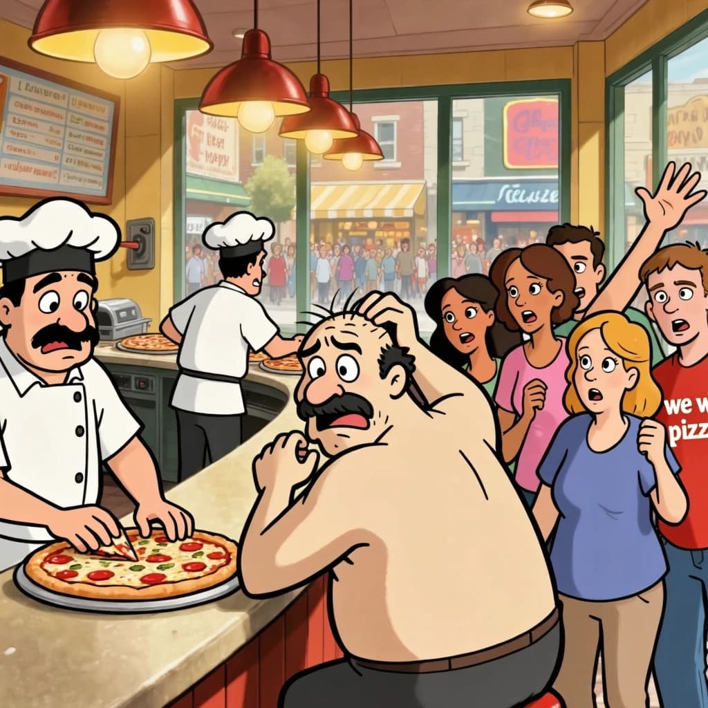 Pasquale is pulling his few remaining hairs out over a disaster at the pizzeria - the cooks are working as fast as they can but the crowds outside are swelling and they demand hot hot pizza! They are banging on the glass and some are wearing "we want pizza" shirts. 1980s western TV animation style.