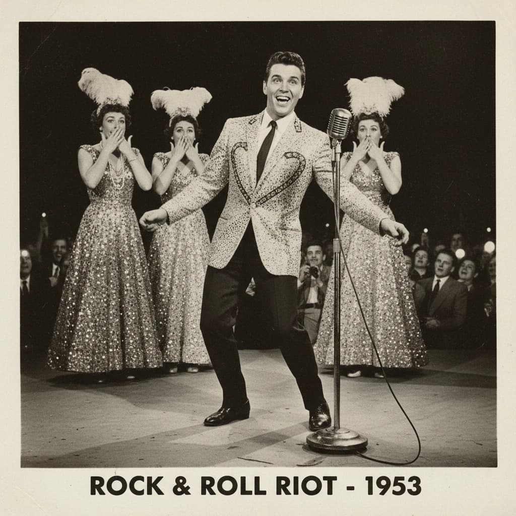 An archival image from 1953 of the rock singer swinging his hips on the stage while glamorous back up singers feign shock at his gyrations! He wears a diamond encrusted jacket with the stones arranged in the shape of a heart