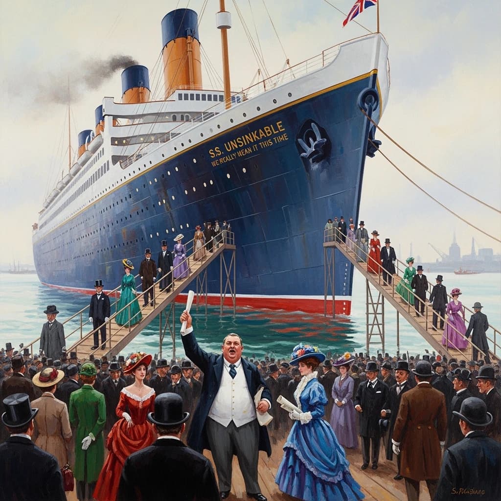 An impressionistic painting of the mighty steamer the "SS Unsinkable We Really Mean It This Time" on a cloudy but bright London morning about to set out on her maiden voyage. A jubilant crowd is gathered on the dock around the paunchy mayor who is making a speech, gesticulating wildly with his hands. The gangways are busy with well heeled ladies and gentlemen making their way onto the ship. A cheeky cat hangs over the water, clinging to the mooring rope after an ill-fated attempt to climb up. The artist has signed his name "Artificial Analysis" in the bottom corner