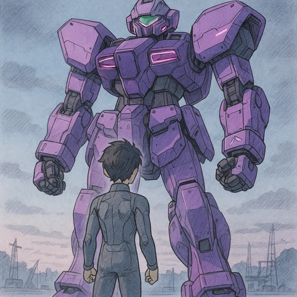 Clad in his body suit up to the neck, young Masa nervously approaches the towering mech with his back facing us. He is nervous for his first time in the field. The mech's bright purple colour scheme contrasts with the grey body suit. The scale of the mech dwarfs Masa. Hand drawn style