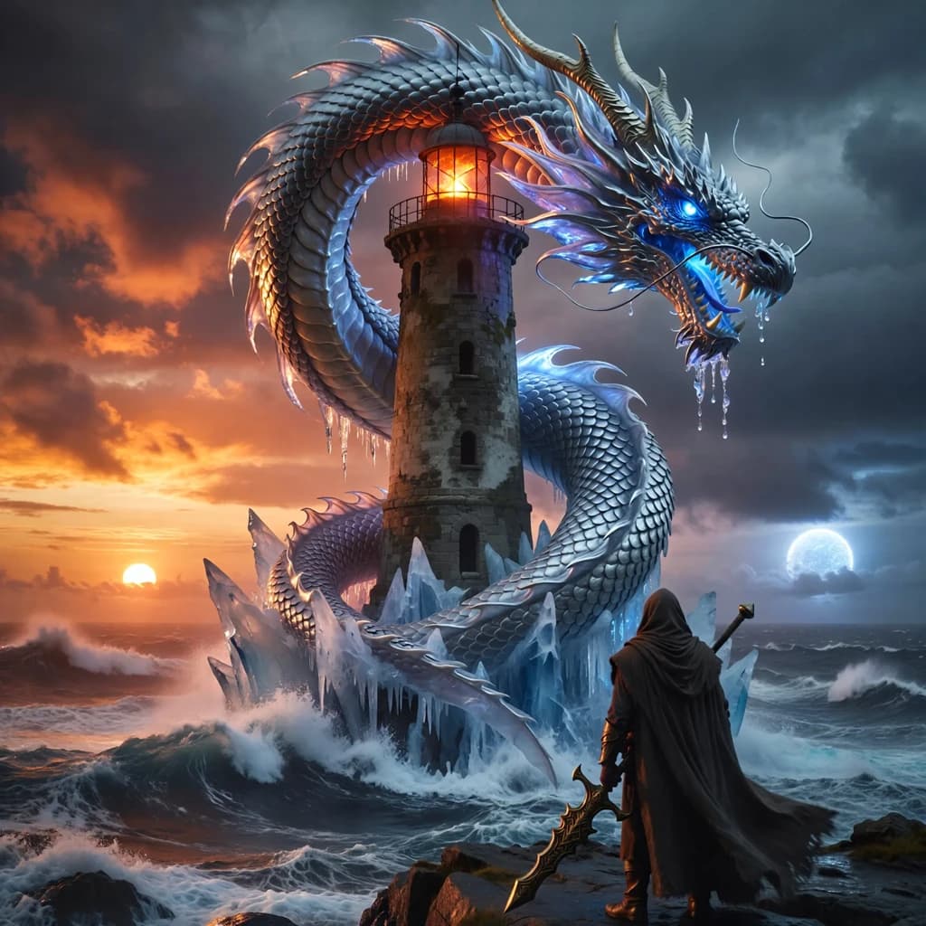 A dragon of molten silver coils around a lighthouse. The storming sea below crashes upward in frozen stillness, as though caught mid-motion. The dragon’s molten eyes drip tears of ice. On the horizon, two suns set next to each other, casting orange light on one side of the tower and blue on the other. A cloaked traveler carries an ancient weapon in his left hand and a scroll in his right.