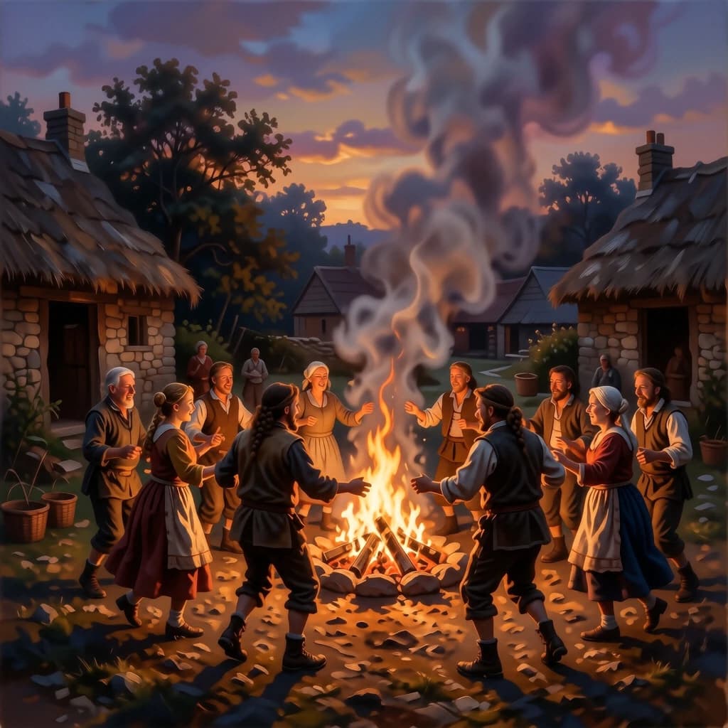 Make an oil painting of villagers dancing by a bonfire at dusk, a bit smoky.