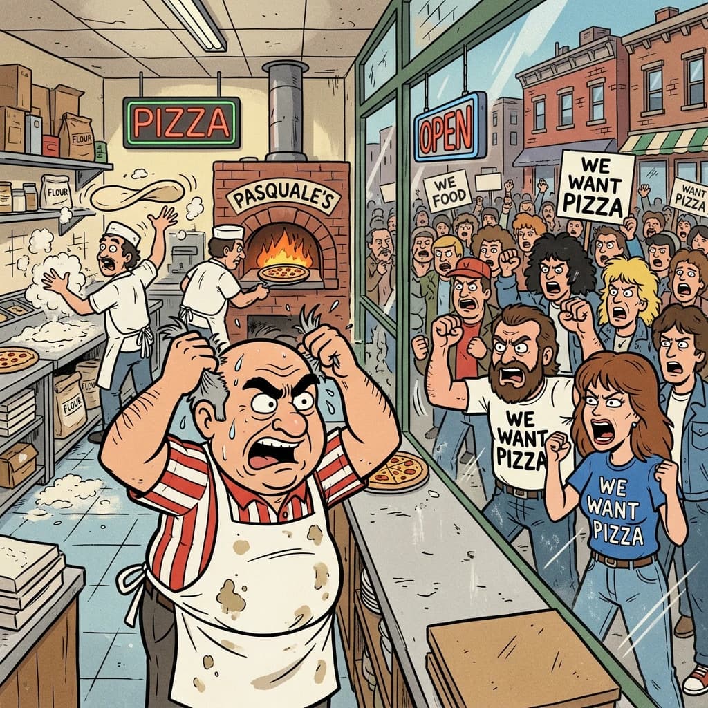 Pasquale is pulling his few remaining hairs out over a disaster at the pizzeria - the cooks are working as fast as they can but the crowds outside are swelling and they demand hot hot pizza! They are banging on the glass and some are wearing "we want pizza" shirts. 1980s western TV animation style.