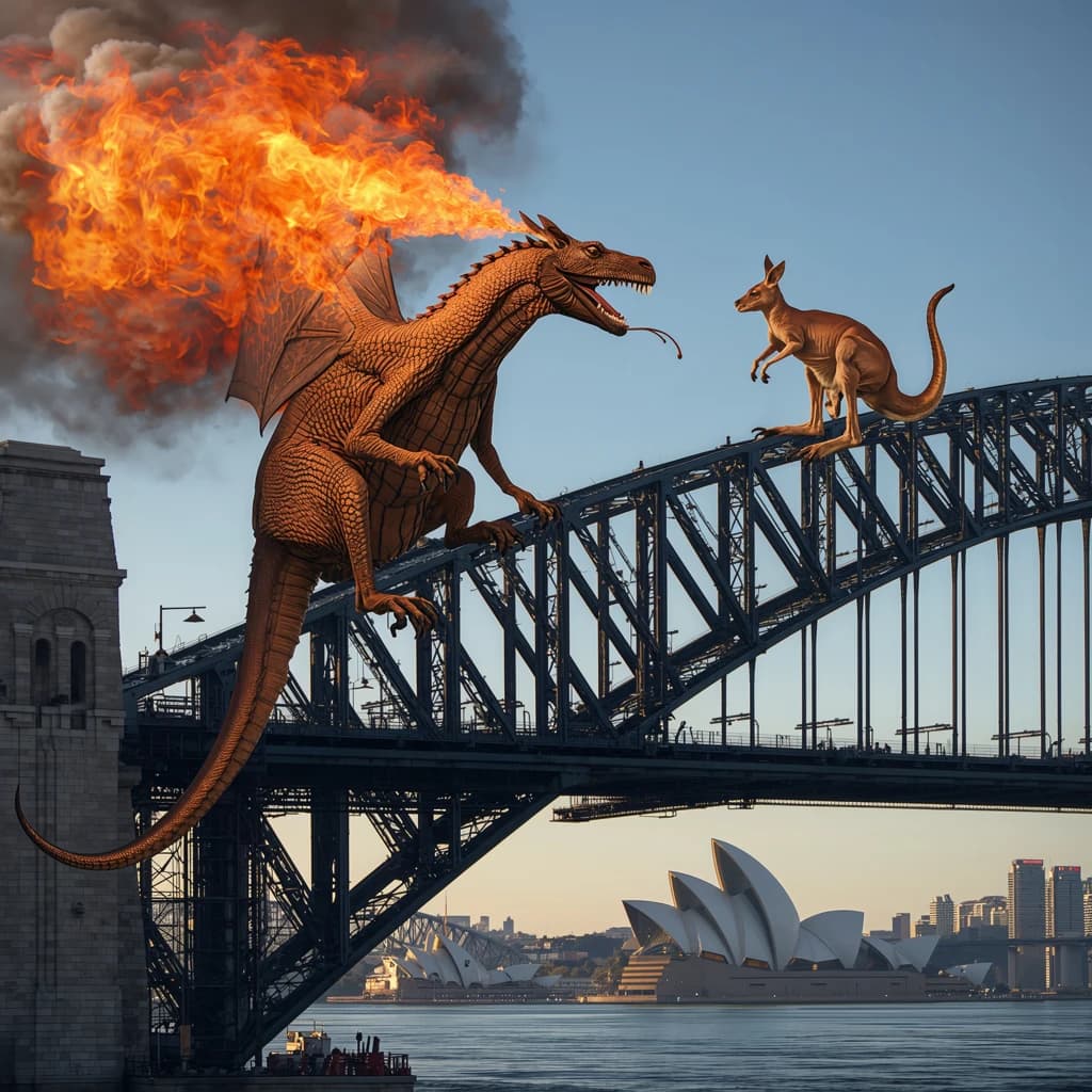 A dragon breathes fire at a kangaroo that is running away by climbing over the top of the Sydney Harbour Bridge. Opera House visible in the background.