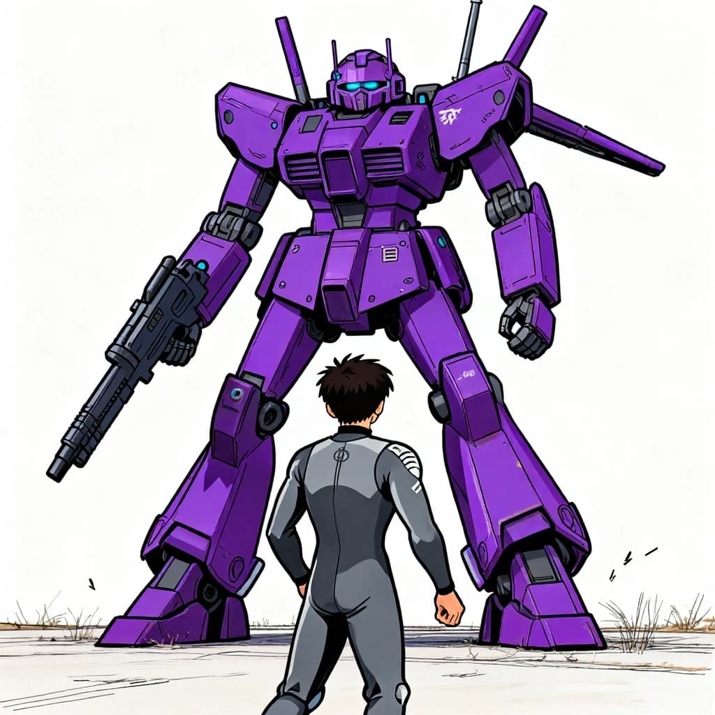 Clad in his body suit up to the neck, young Masa nervously approaches the towering mech with his back facing us. He is nervous for his first time in the field. The mech's bright purple colour scheme contrasts with the grey body suit. The scale of the mech dwarfs Masa. Hand drawn style