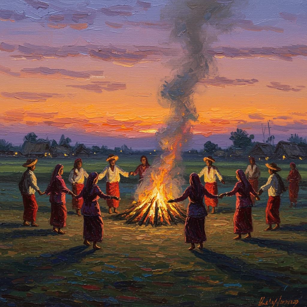 Make an oil painting of villagers dancing by a bonfire at dusk, a bit smoky.