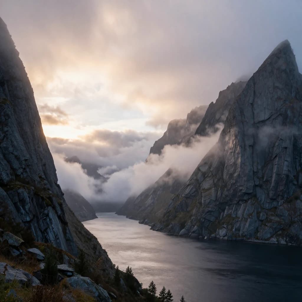 Frame a foggy fjord at sunrise, cliffs looming.