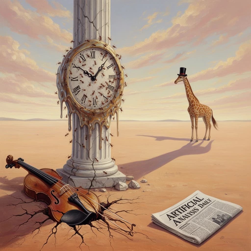 A vast desert plain stretches endlessly under a sky streaked with pale pink and ochre clouds. In the center stands a colossal clock, its face drooping and melting over the edge of a broken marble column. Ants swarm across its warped surface, glinting in the harsh sunlight. To the right, a horse with a giraffe like neck wearing a top hat strides toward the horizon, its shadow stretching miles across the sand. A cracked violin lies half-buried in the foreground, strings snapping outward like veins. Painted in the dreamlike surrealist style. A newspaper named the "Artificial Analysis Daily" lies on the Floor.