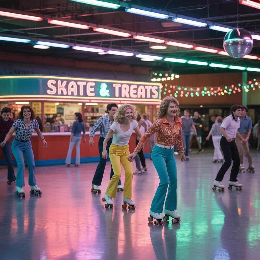 A 1970s roller rink crowd skates under neon, with a bit of fade and film grain.