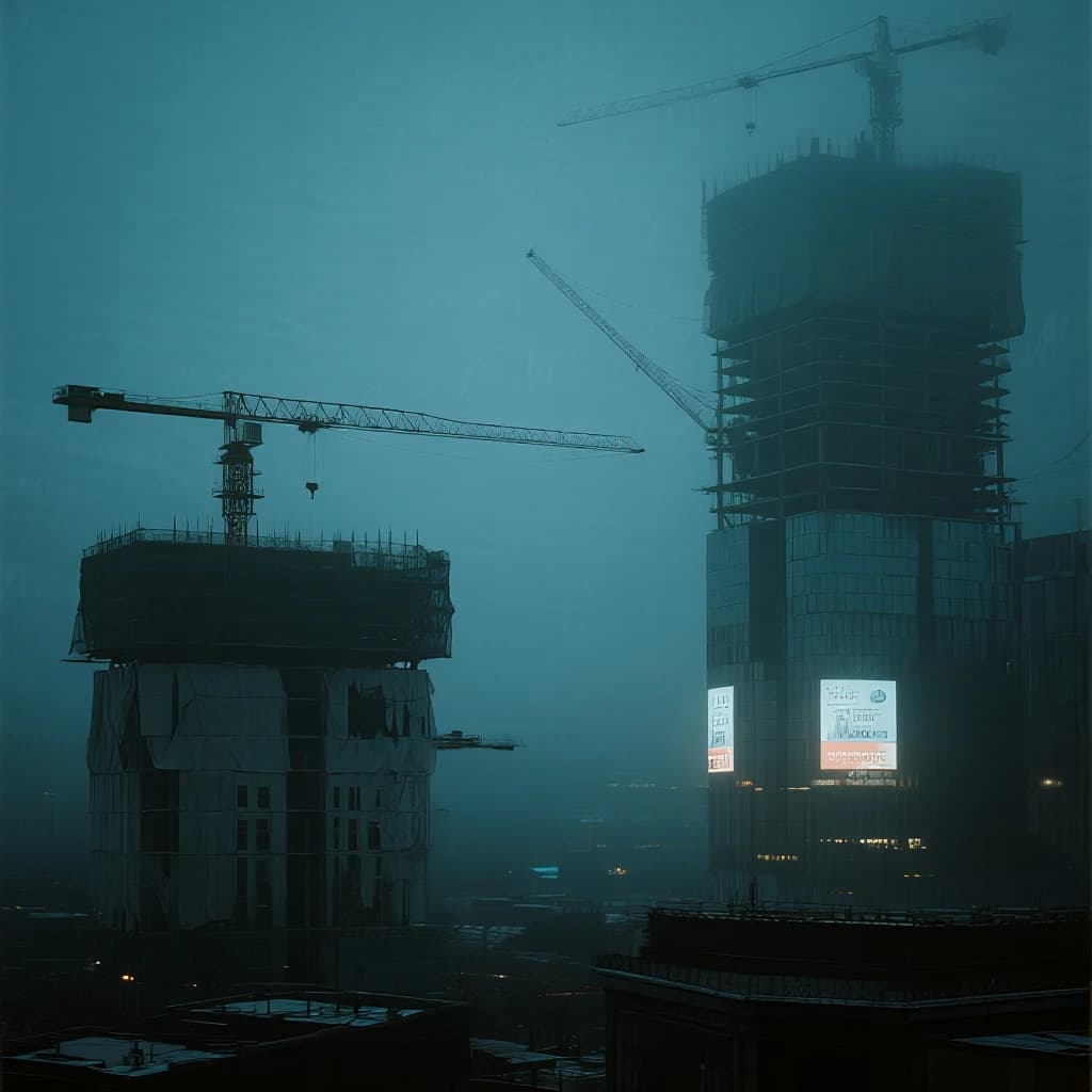 A construction site stretched upward into fog, cranes frozen in silhouette. Wind rattled scaffolding draped with torn mesh that glowed faintly from nearby billboards