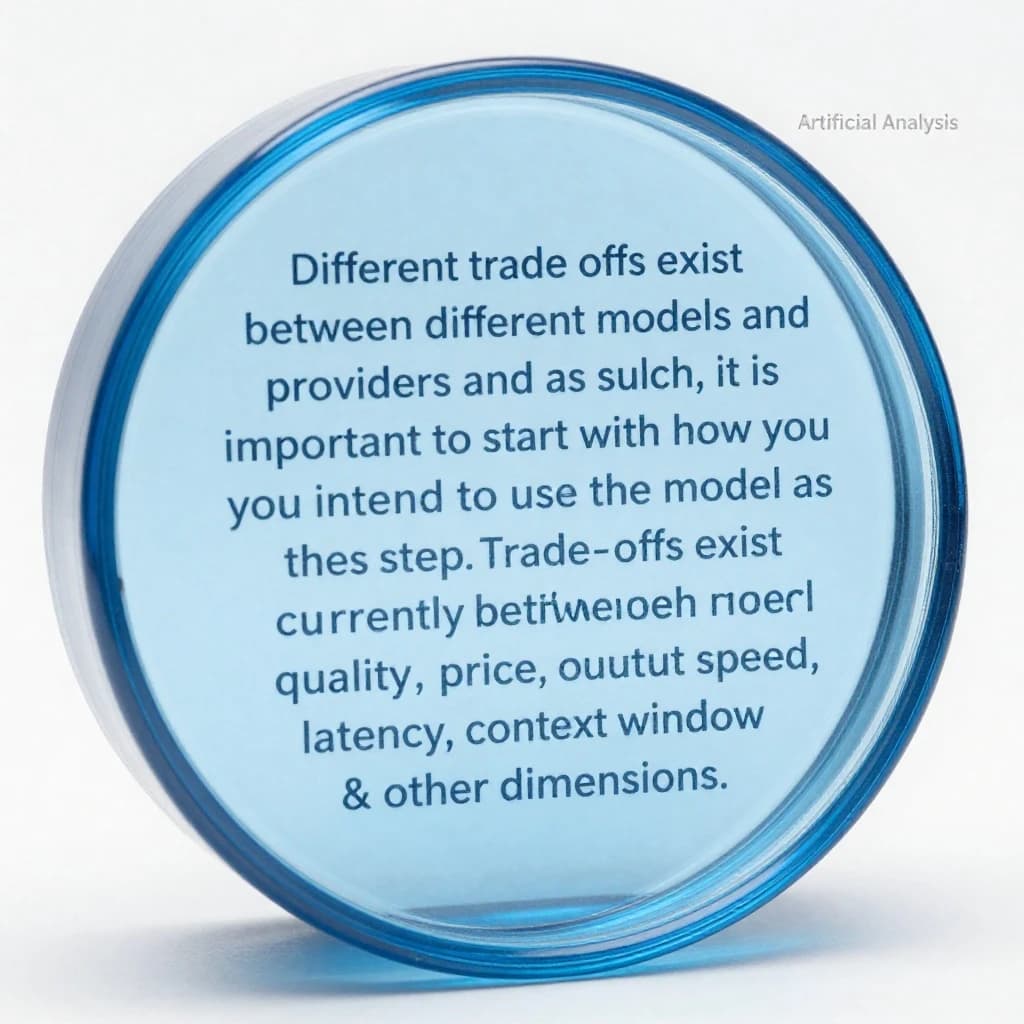 In a clear transparent blue glassy rounded box, etch "Different trade offs exist between different models and providers and as such, it is important to start with how you intend to use the model as the first step. Trade-offs exist currently between model quality, price, output speed, latency, context window & other dimensions. " in sans serif medium weight text. Artificial Analysis is watermarked over the top right 