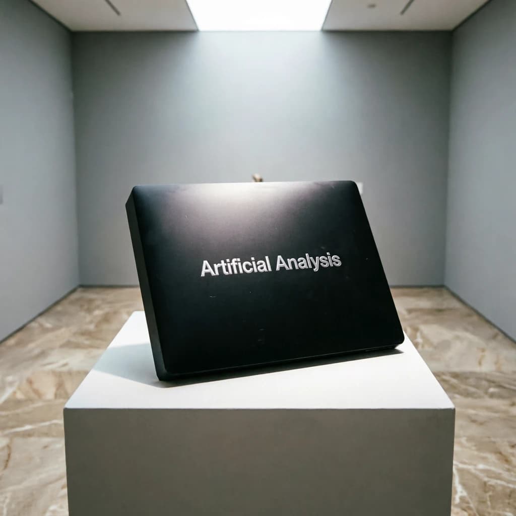 A premium matte black laptop-sized box rests on a pure white pedestal within a gallery space. Overhead, a single spotlight carves sharp contrast, leaving the edges in deep shadow. The brand name Artificial Analysis is embossed in silver foil, glinting faintly as though it were jewelry.