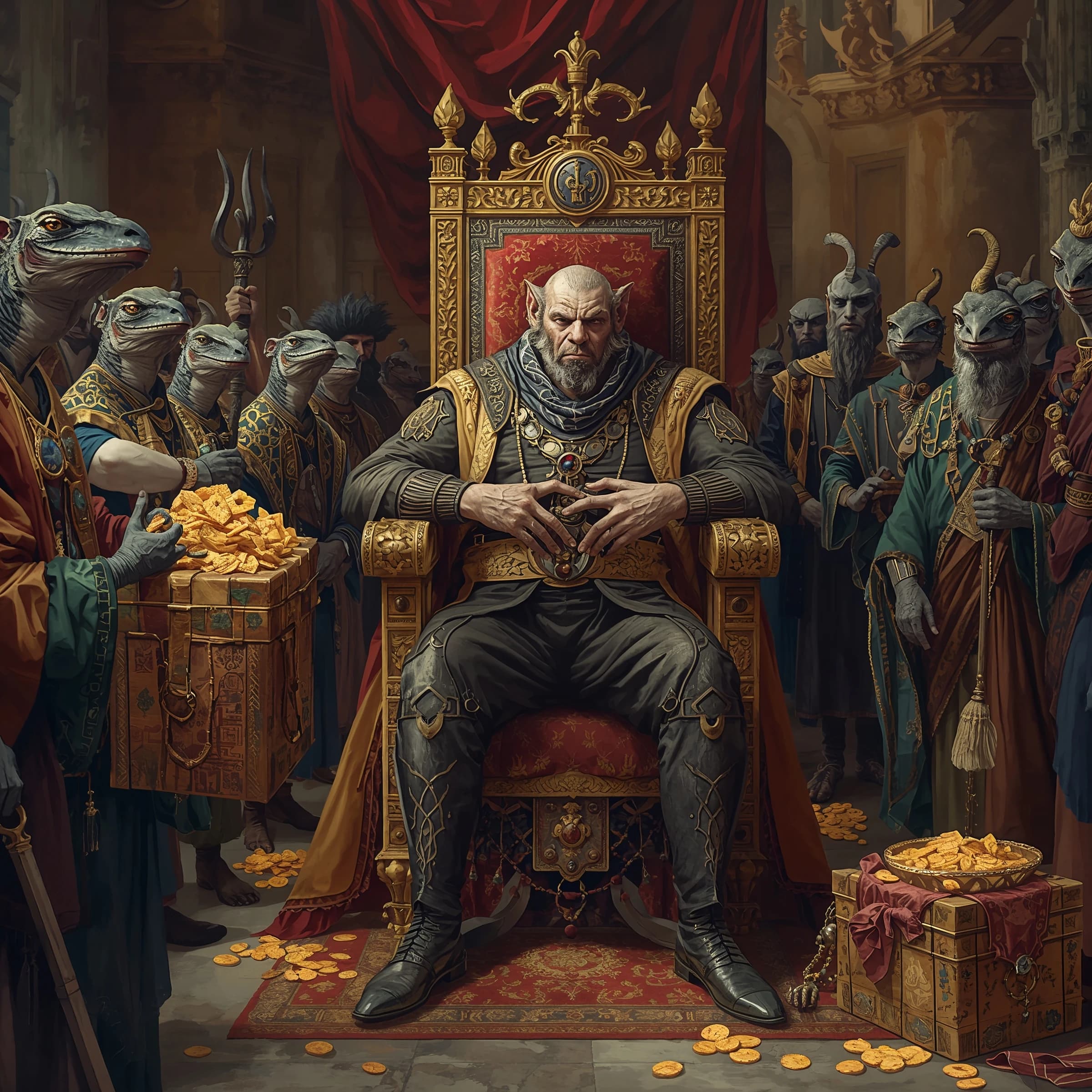 Big Weasel, the tyrannical ruler of the Levitus, slouches on his throne, his mood foul but somewhat brightened by the sight of gifts - a wearisome group of lizard traders adorned in fine silks proceed toward him through the hall with their annual tribute of biscuits, ham and gold - Big Weasel's favourites. Big Weasel's entourage looks on with stern approval.