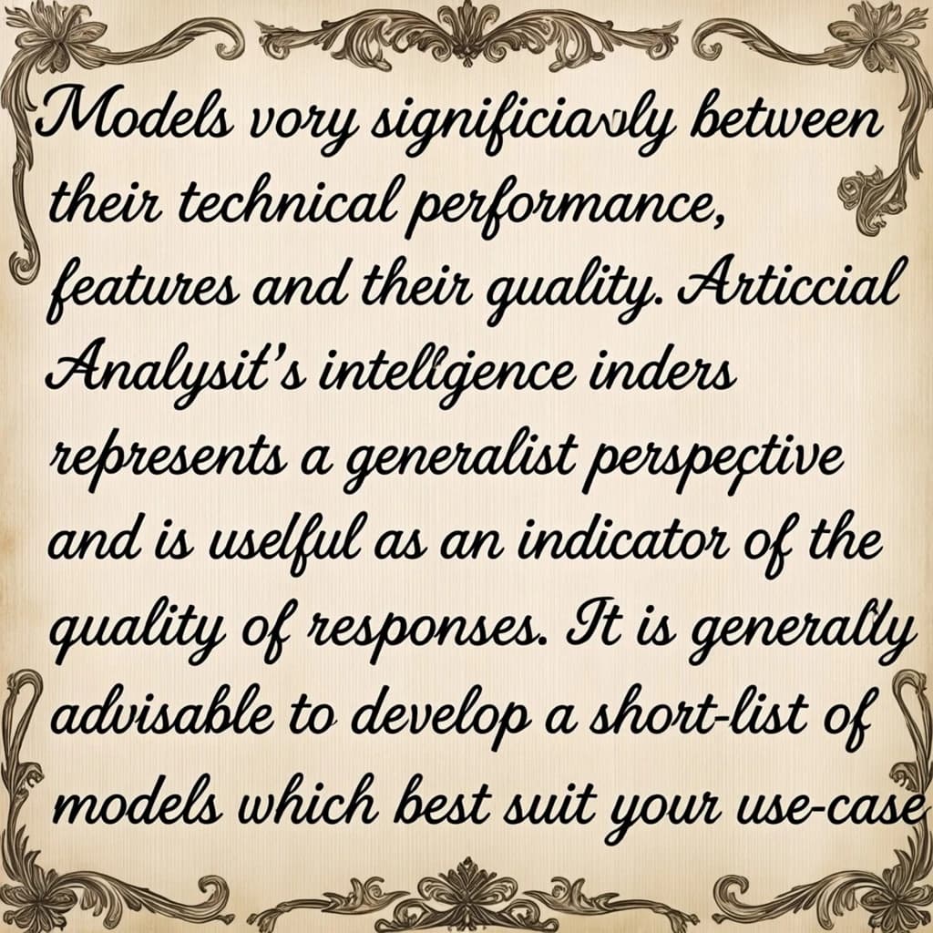 On a flat layout, write in an ornate baroque style "Models vary significantly between their technical performance, features and their quality. Artificial Analysis's intelligence index represents a generalist perspective and is useful as an indicator of the quality of responses. It is generally advisable to develop a short-list of models which best suit your use-case for customized use-case specific testing. "