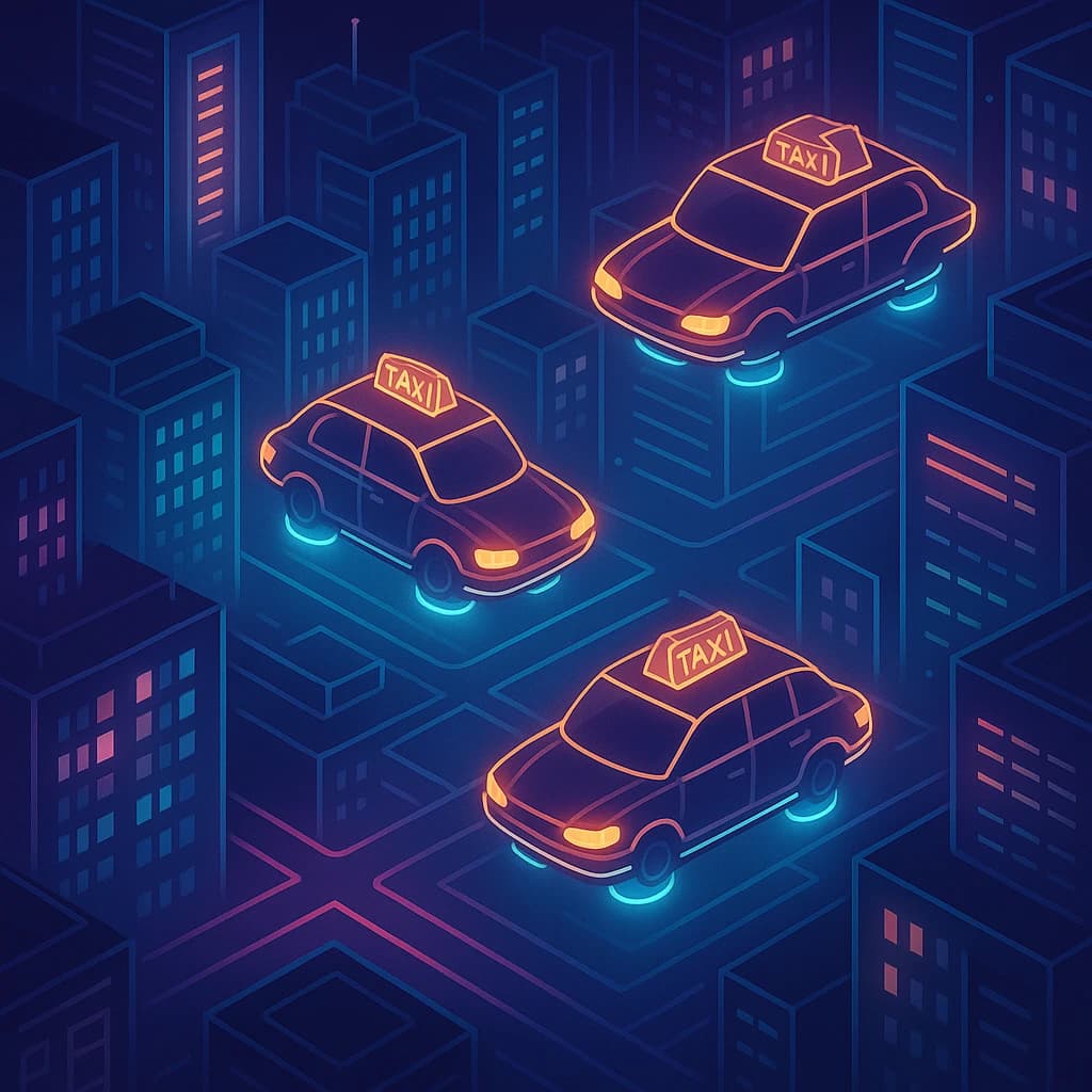 Design an isometric neon city with hovering taxis, clean lines, soft glow.