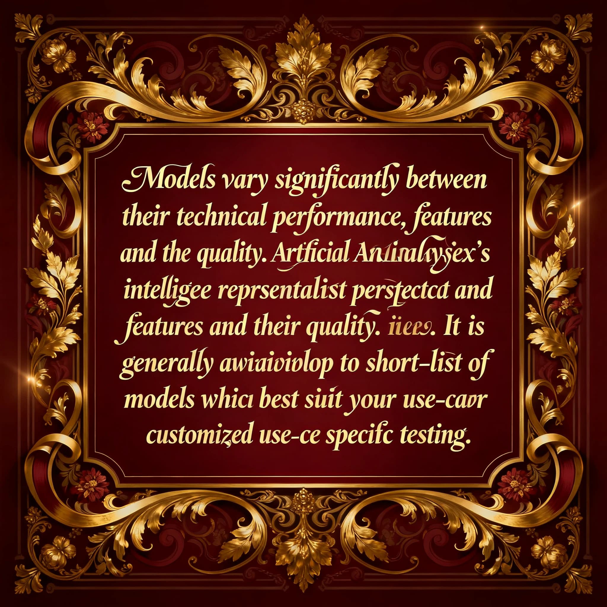 On a flat layout, write in an ornate baroque style "Models vary significantly between their technical performance, features and their quality. Artificial Analysis's intelligence index represents a generalist perspective and is useful as an indicator of the quality of responses. It is generally advisable to develop a short-list of models which best suit your use-case for customized use-case specific testing. "