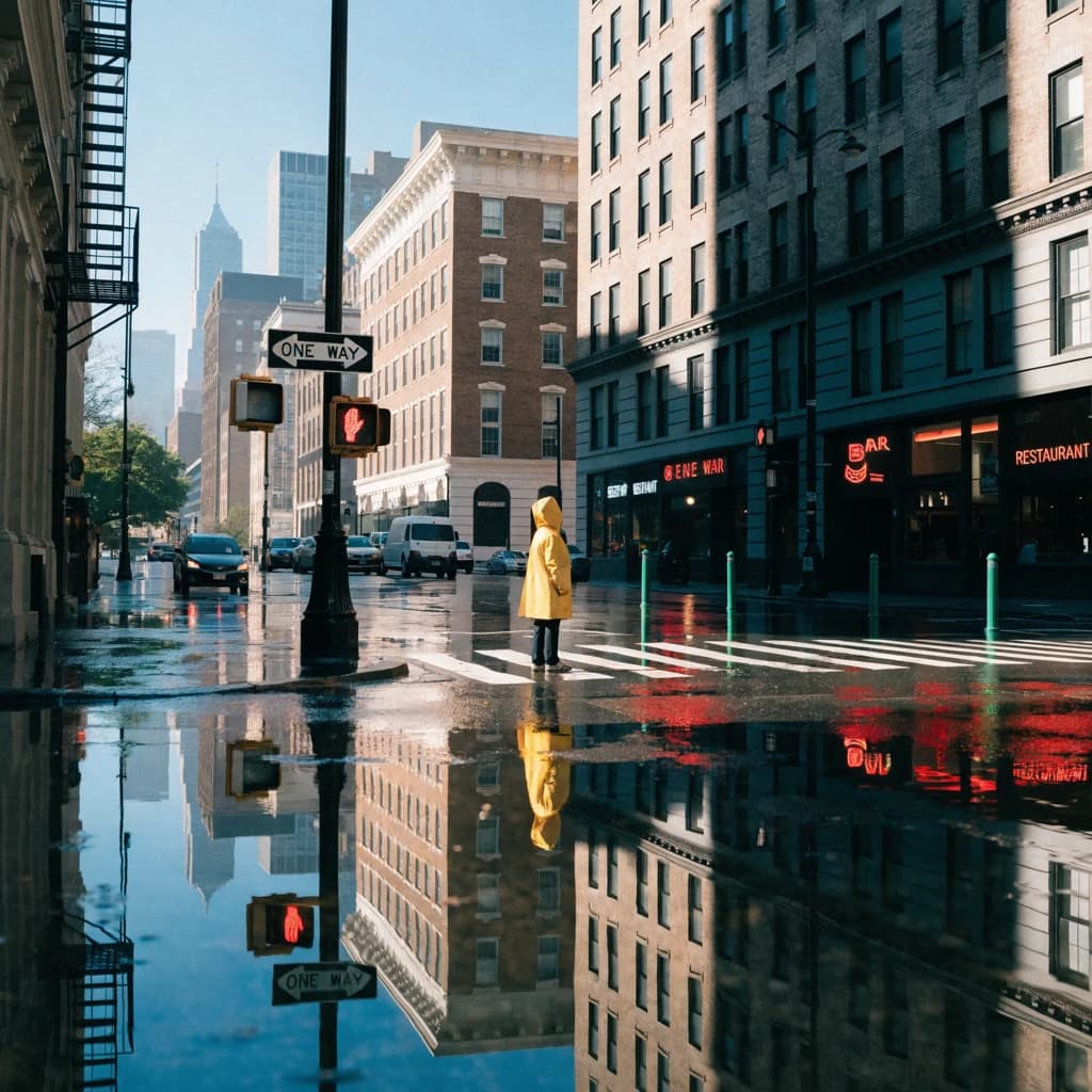A sunlit city street after rain; puddles mirror neon signs as a woman in a yellow raincoat waits at a crosswalk, soft mist, 50mm look, natural tones, a bit of film grain.