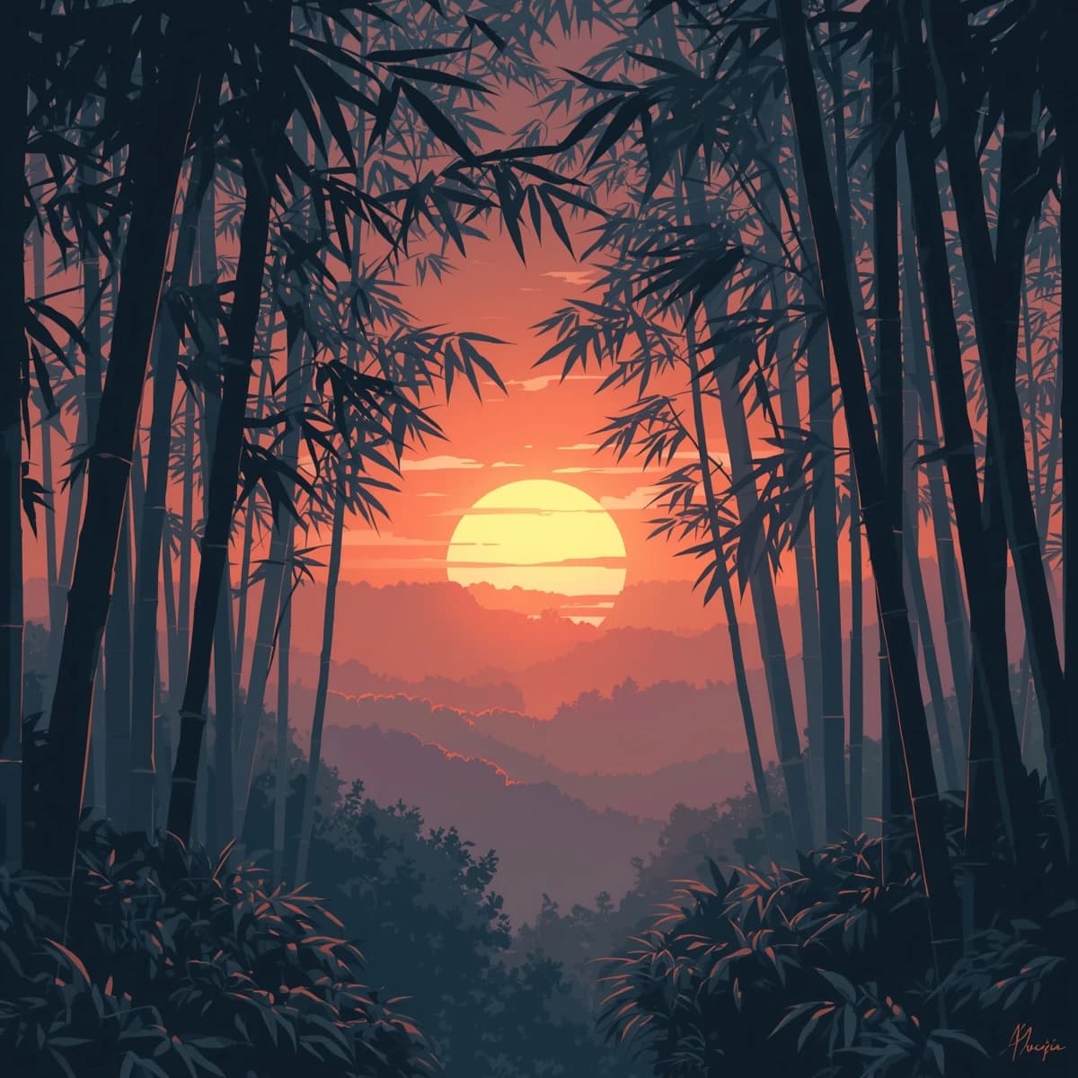 Give me a misty bamboo forest at sunrise, bold outlines, slightly cel-shaded.