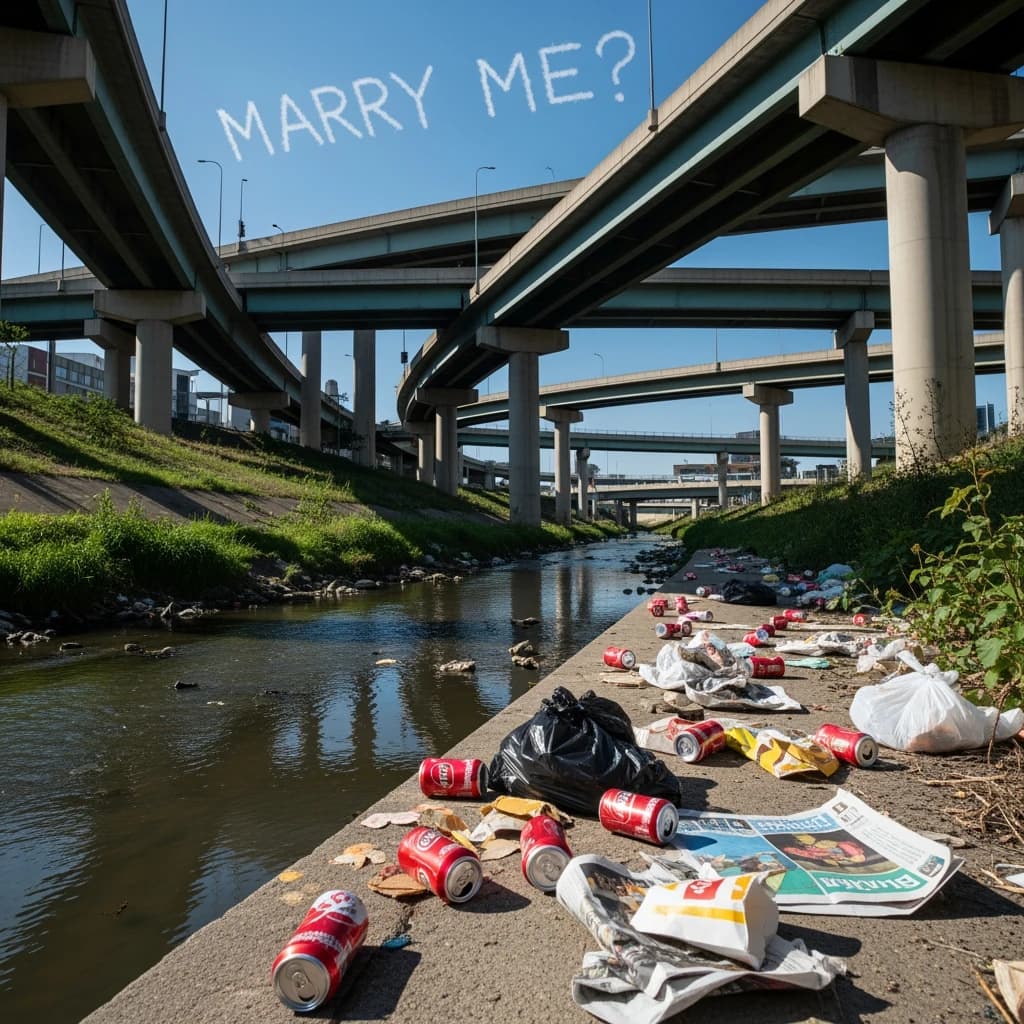 Red soda cans and other garbage sit strewn across the bank of an urban river only a few metres wide. Concrete overpasses criss cross overhead on a bright and sunny day. Fading skywriting proposes marriage
