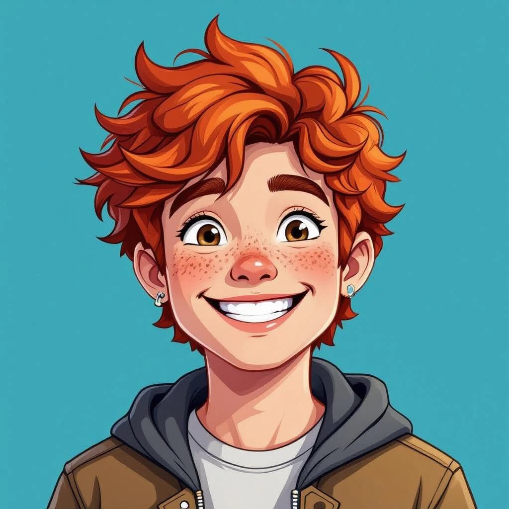 A cel-shaded portrait of a freckled skateboarder, messy red hair, bright grin.