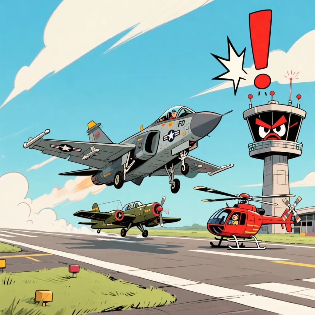 Almost at the runway, Fred the Fighter Jet is racing with Barry the Bomber to see who lands first. Fred has a mischievous trick up his sleeve but Hermione the Helicopter is going to stop him before he gets the chance. The control tower is very angry and has a big exclamation mark. Hand drawn cel look
