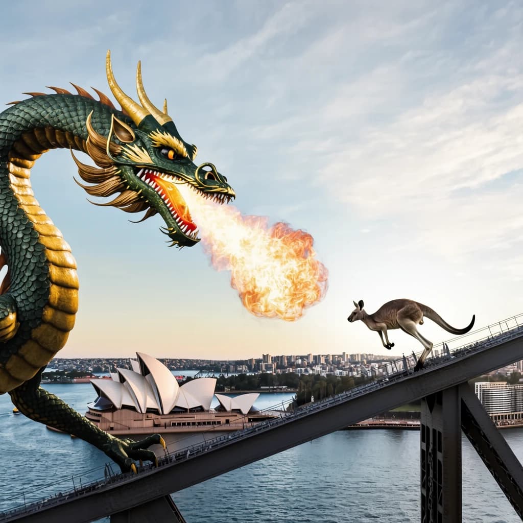 A dragon breathes fire at a kangaroo that is running away by climbing over the top of the Sydney Harbour Bridge. Opera House visible in the background.