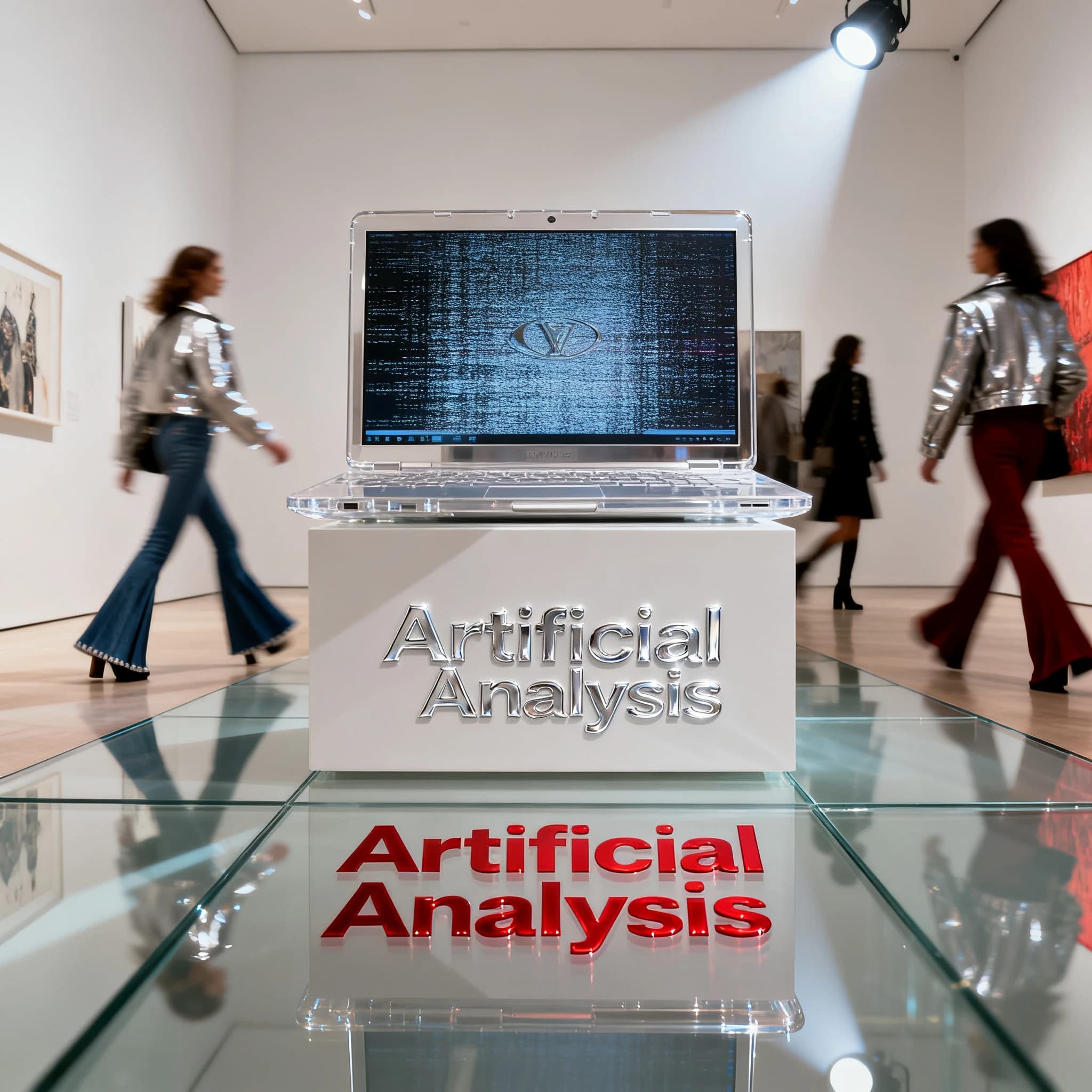 In a spotless gallery space, a pedestal supports a transparent laptop whose screen flickers between static and pristine brand imagery. Shoppers blur past in designer clothes that appear slightly outdated - bell bottoms, metallic jackets. The embossed logo “Artificial Analysis” glints silver, yet its reflection in the glass floor reads in crimson letters. A single spotlight shines, though shadows fall in two directions.