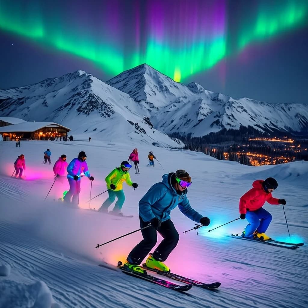 Coronet Peak Night Skiing: Skiers in colorful LED suits carve their way down the slopes of New Zealand's Coronet Peak under the Aurora Borealis, the skiers' light trails visible behind them