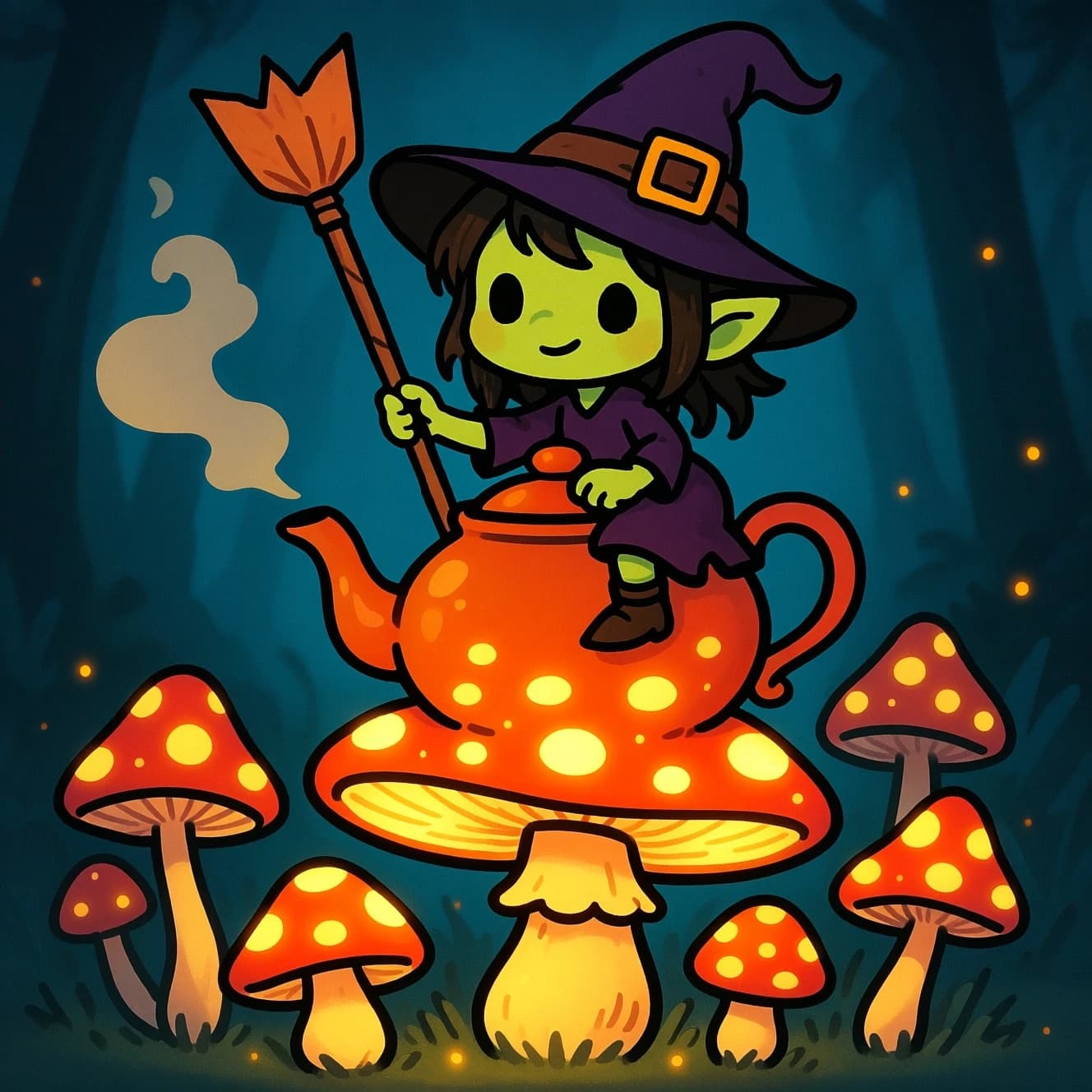 A tiny witch rides a teapot over glowing mushrooms, a bit chibi, thick lines.