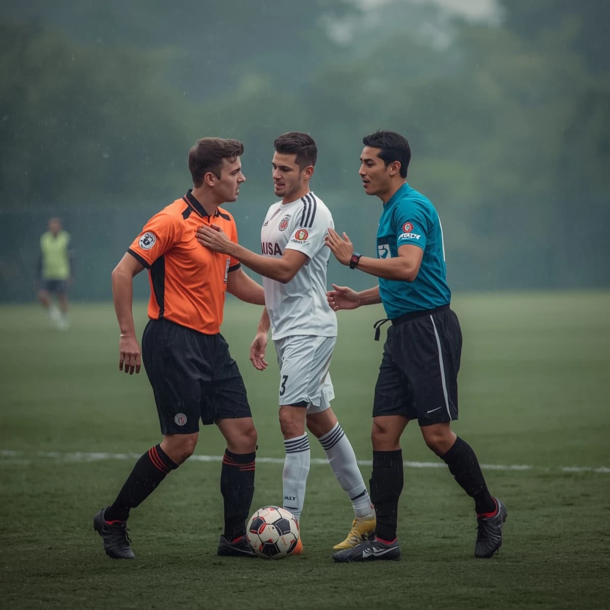 The soccer player clashes with the ref. It is thick and humid and the heat is getting to the players. His friend tries to pull him off before he causes any more trouble.