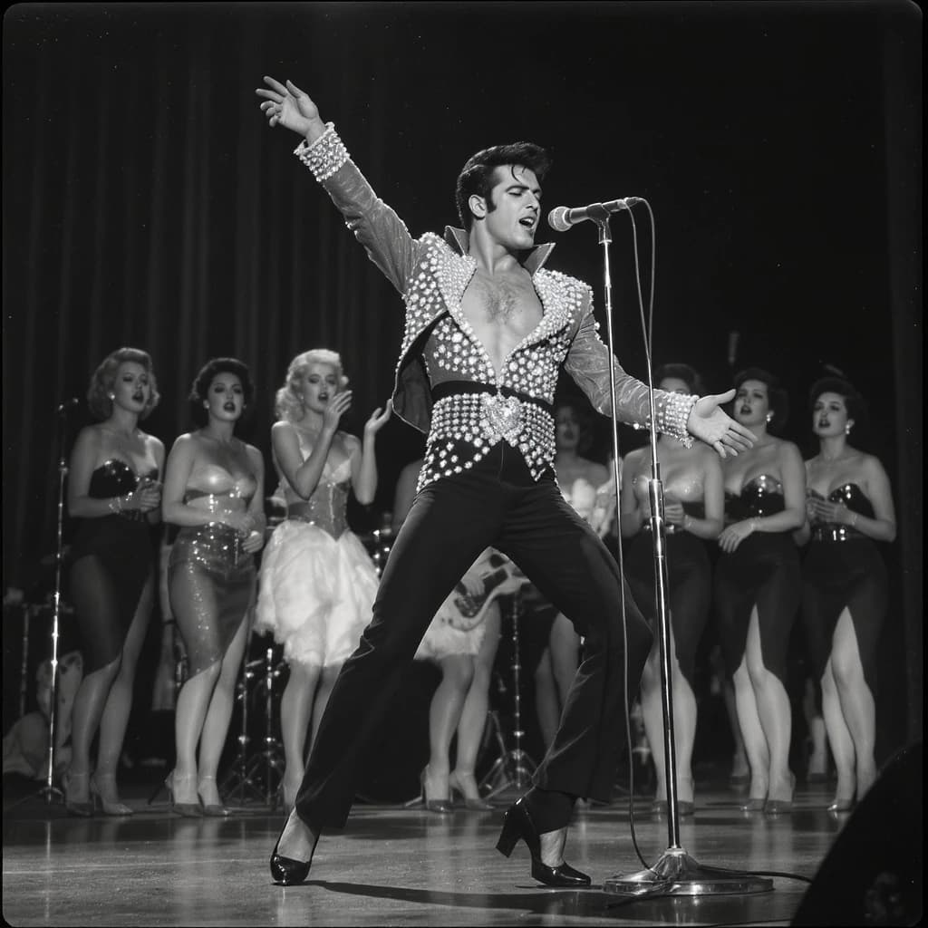 An archival image from 1953 of the rock singer swinging his hips on the stage while glamorous back up singers feign shock at his gyrations! He wears a diamond encrusted jacket with the stones arranged in the shape of a heart