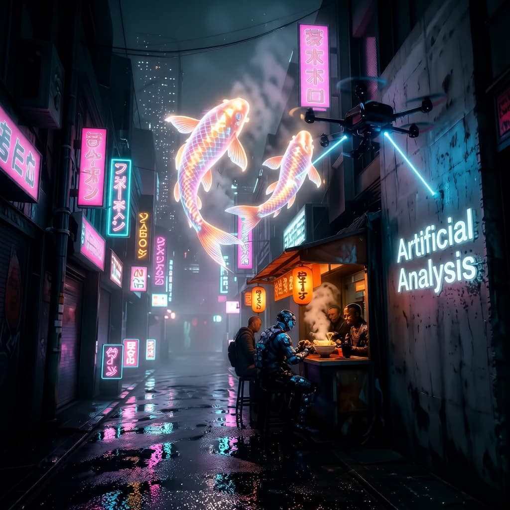 A neon alley in Neo-Tokyo 2142 drips with rain Cybernetic patrons slurp ramen at a stall with their glowing implants humming with blue light. Three giant holographic koi hover 10 metres above the ground and swim across the skyline, one has clipped into a building. A six-prop drone hovers nearby, projecting "Artificial Analysis" onto a wall with blue laser beams visible