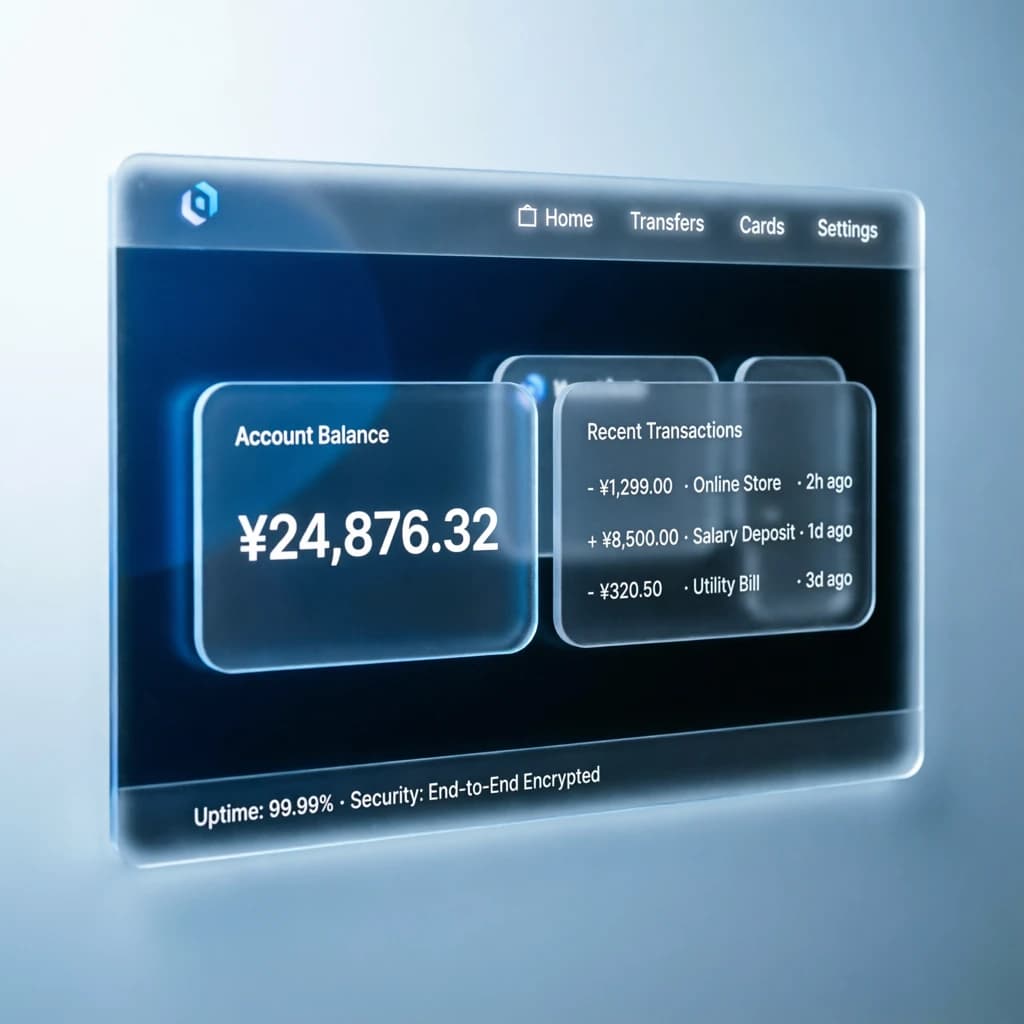 Dark mode banking dashboard with glassmorphism.