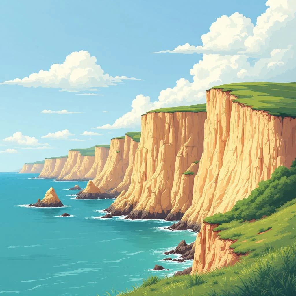 Bright cliffs over teal sea, fat clouds, bold outlines and flat shading.