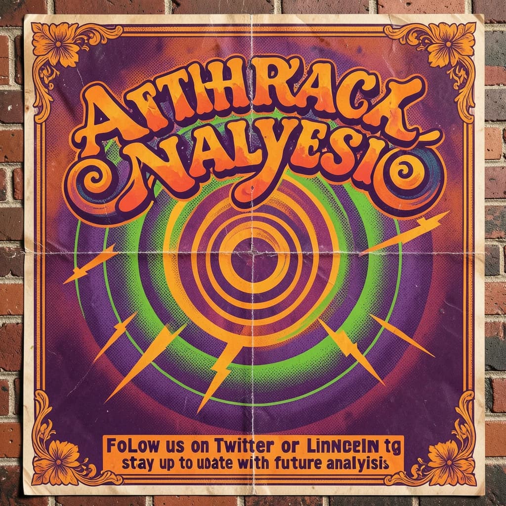 A portrait layout psychedelic concert poster from 1972 bathed in saturated oranges, deep purples, and acid greens. Swirling, hand-drawn typography arcs across the top, spelling out Artificial Analysis in bold, distorted letters that melt into spirals. Surrounded by radiating concentric circles and lightning-bolt motifs. The background is textured with halftone dots and faded paper creases, evoking a well-worn poster taped to a brick wall. Ornate floral borders frame the design, while the bottom features blocky retro lettering listing “Follow us on Twitter or LinkedIn to stay up to date with future analysis” in smaller text. 