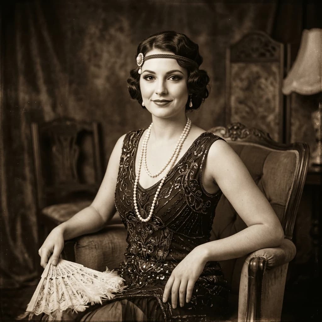 Sepia-toned studio portrait of a flapper with pearl necklace, soft grain.